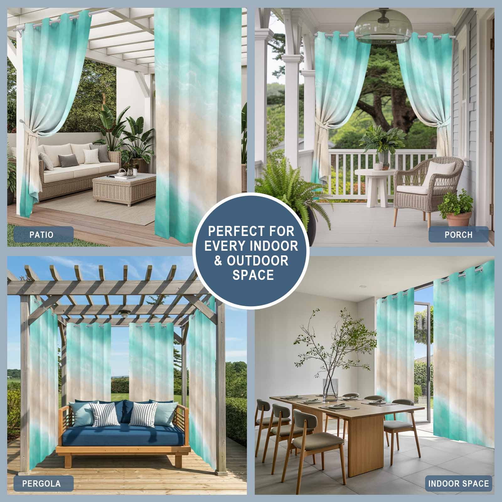 Summer Beach Outdoor Curtains for Patio, Teal Green Gradient Ocean Wave Beige Sand Abstract Sunshade Privacy Drapes Grommet Waterproof Outside Curtains for Porch/Cabana/Balcony 54"x 108", 1 Panel