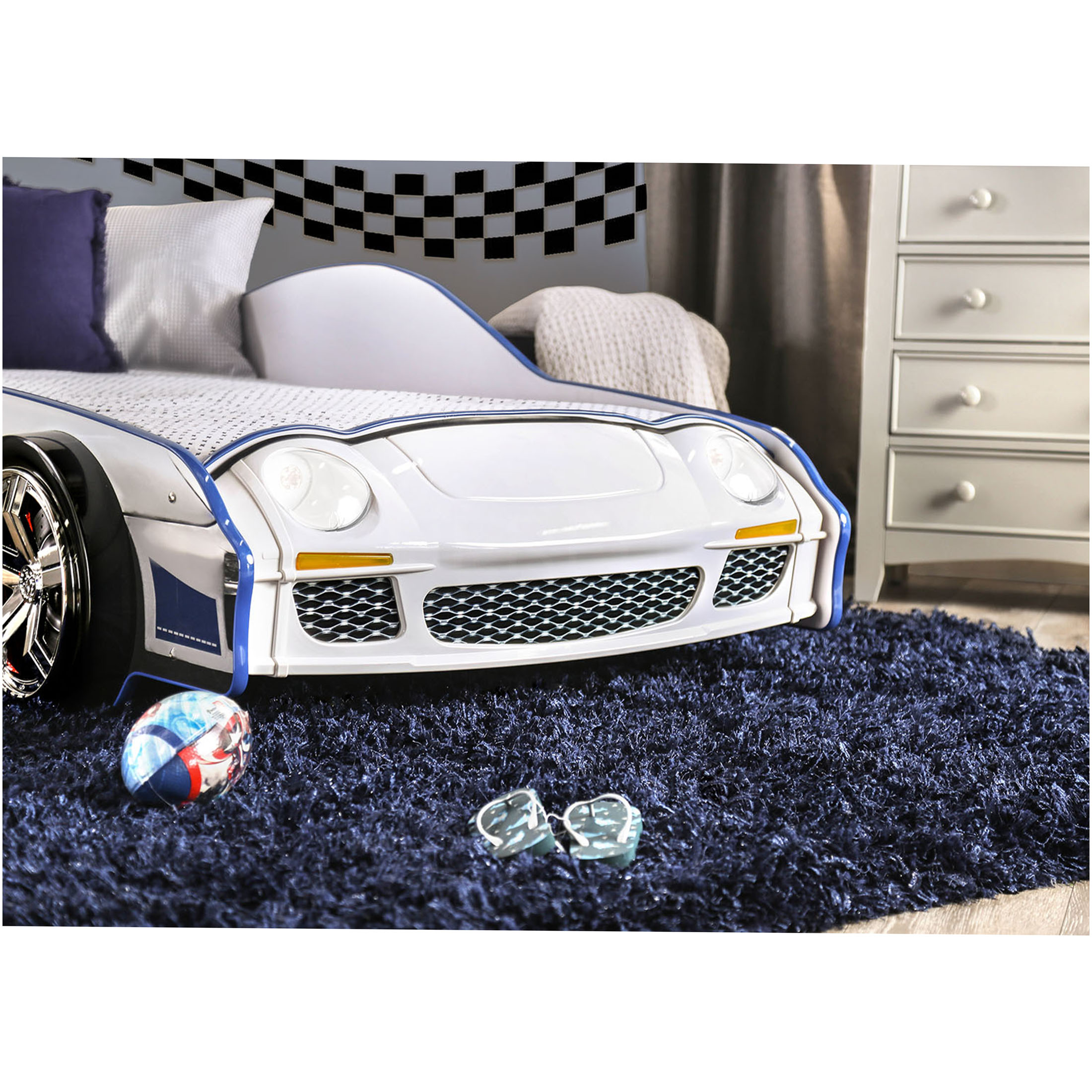 JERFIT Modern Police Car Twin Bed with LED Lights, High Gloss Finish Metal Frame Structure