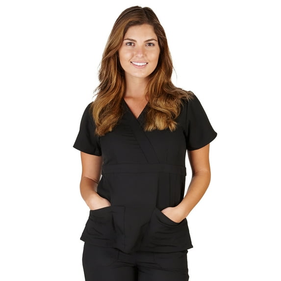 UltraSoft Premium 3 Pocket Mock Wrap Medical Scrub Top For Women - JUNIOR FIT 36146-XX-Small (Black)