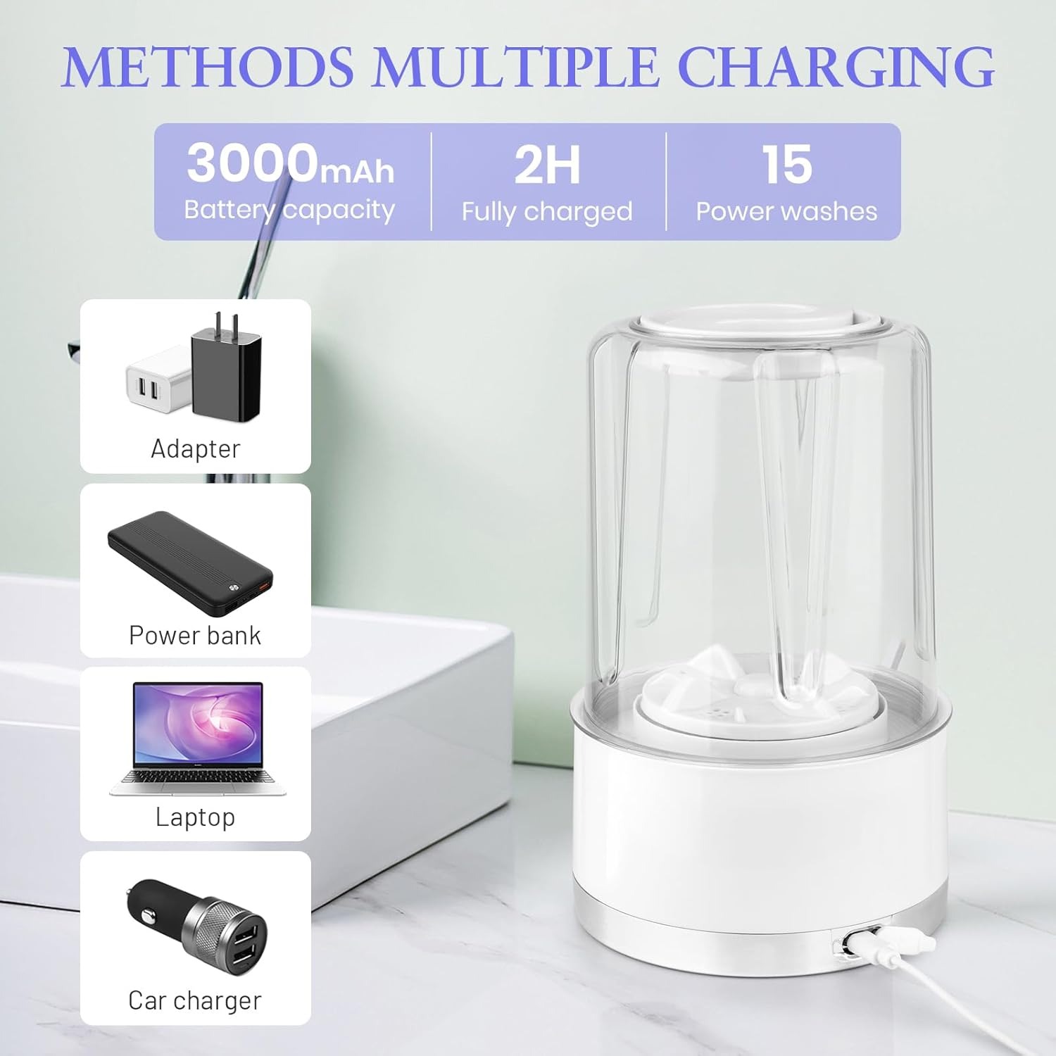 Portable Mini Washing Machine, 34 fl oz Capacity, USB Rechargeable with 2600mAh Battery, Ideal for Travel, RV, Dorm, or Small Laundry, White
