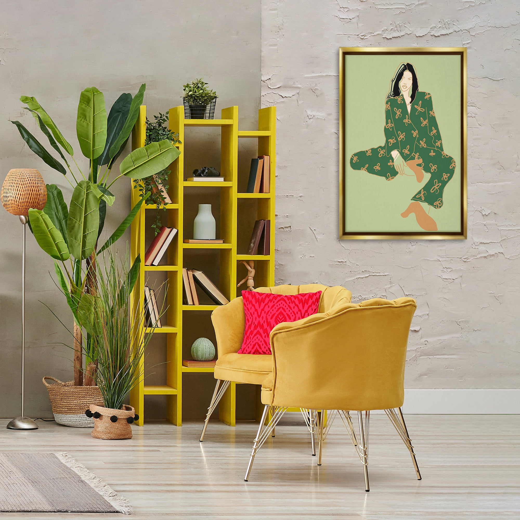 Stupell Industries Stylish Girl Sitting Novelty Painting Gold Floater Framed Art Print Wall Art, 21 x 31