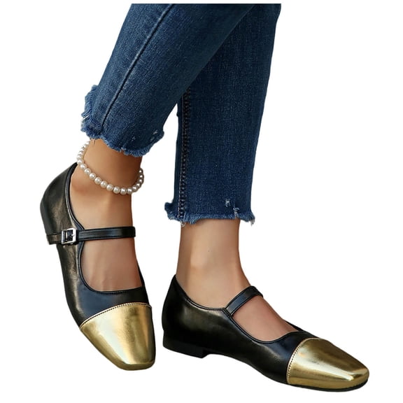 hoksml Women's Two-Tone Mary Jane Flats, Square Toe Low Heel Dress Shoes, Adjustable Strap, Gold Silver