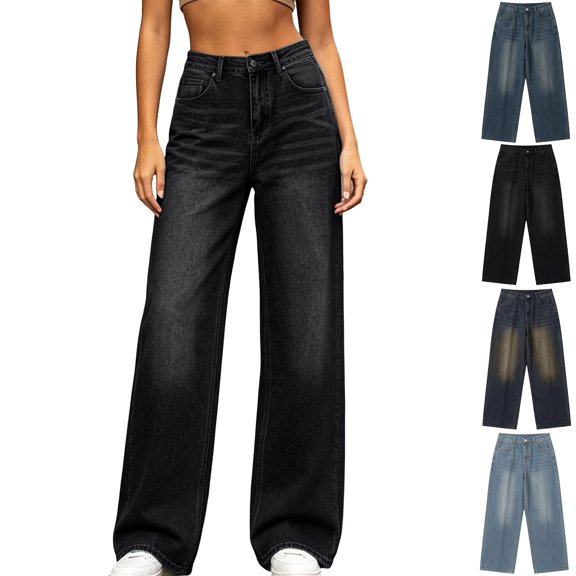 Xaqiouau Women's Loose Straight Cut Jeans Long Pants High Waist Wide Leg Denim Trousers with Pockets All Season Casual Daily Wear Relaxed Fit Bottoms Black XXS