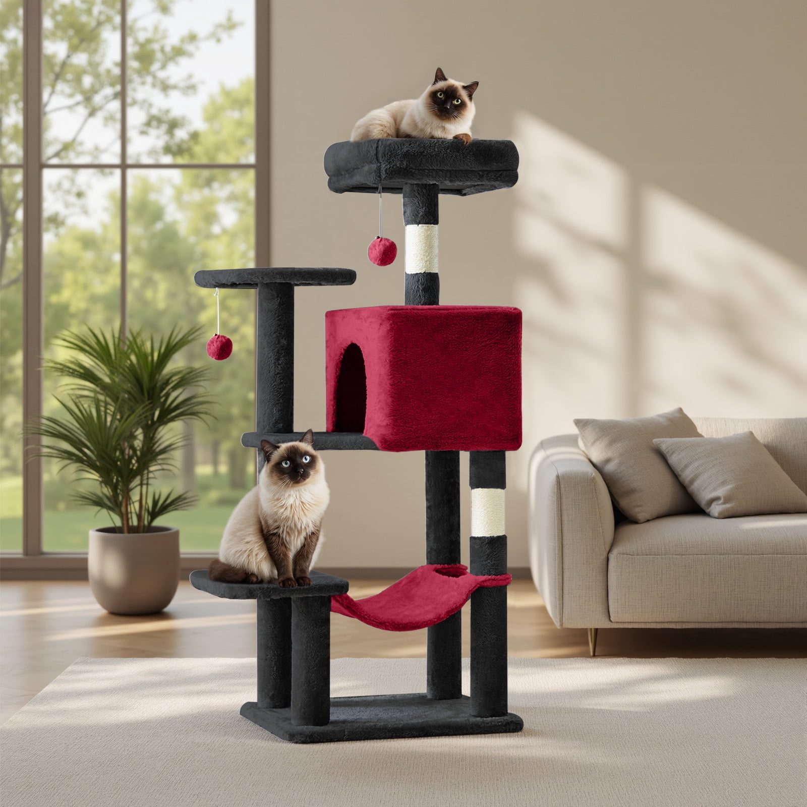 SHOUFTW 44in Cat Tree, Space-Saving Indoor Cat Tower with Large Top Perch and Hammock for Multi-Cat Households, Black