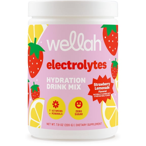 Wellah Electrolytes Powder (Strawberry Lemonade) 50 Servings - Hydration Drink Mix, 7 Vitamins & Minerals, Zero Sugar