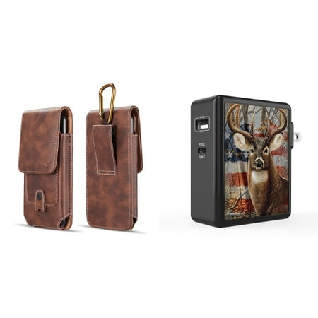 

Pouch and Wall Charger Bundle for Samsung Galaxy A04s: Vertical Magnetic Belt Holster Case (Brown) and 45W Dual USB Port PD Power Delivery Type-C and USB-A Power Adapter (American Deer Camo)