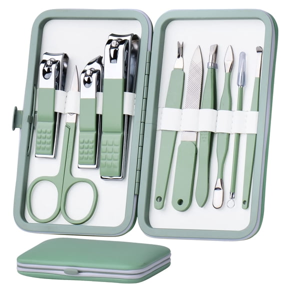 HANTEKAS Set de manicura 10 en 1 de acero inoxidable, cortaúñas, tijeras, kit de herramientas de pedicura, kit de aseo de viaje portátil para hombres y mujeres con estuche de cuero (verde jade)