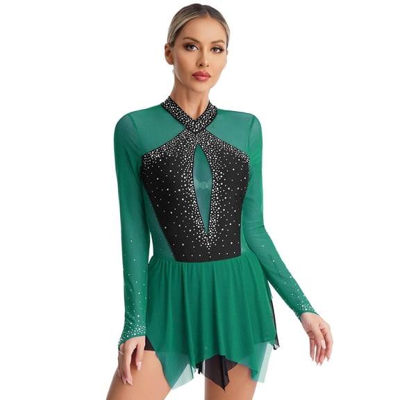 ZALDITA Women's Figure Ice Skating Dress Rhinestones Ballet Dance Roller Skating Lyrical Dance Costume Dark Green S