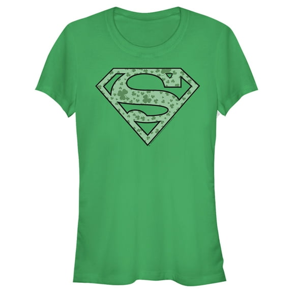 Junior's Superman St. Patrick's Day Shamrock Logo Graphic Tee Kelly Green Medium