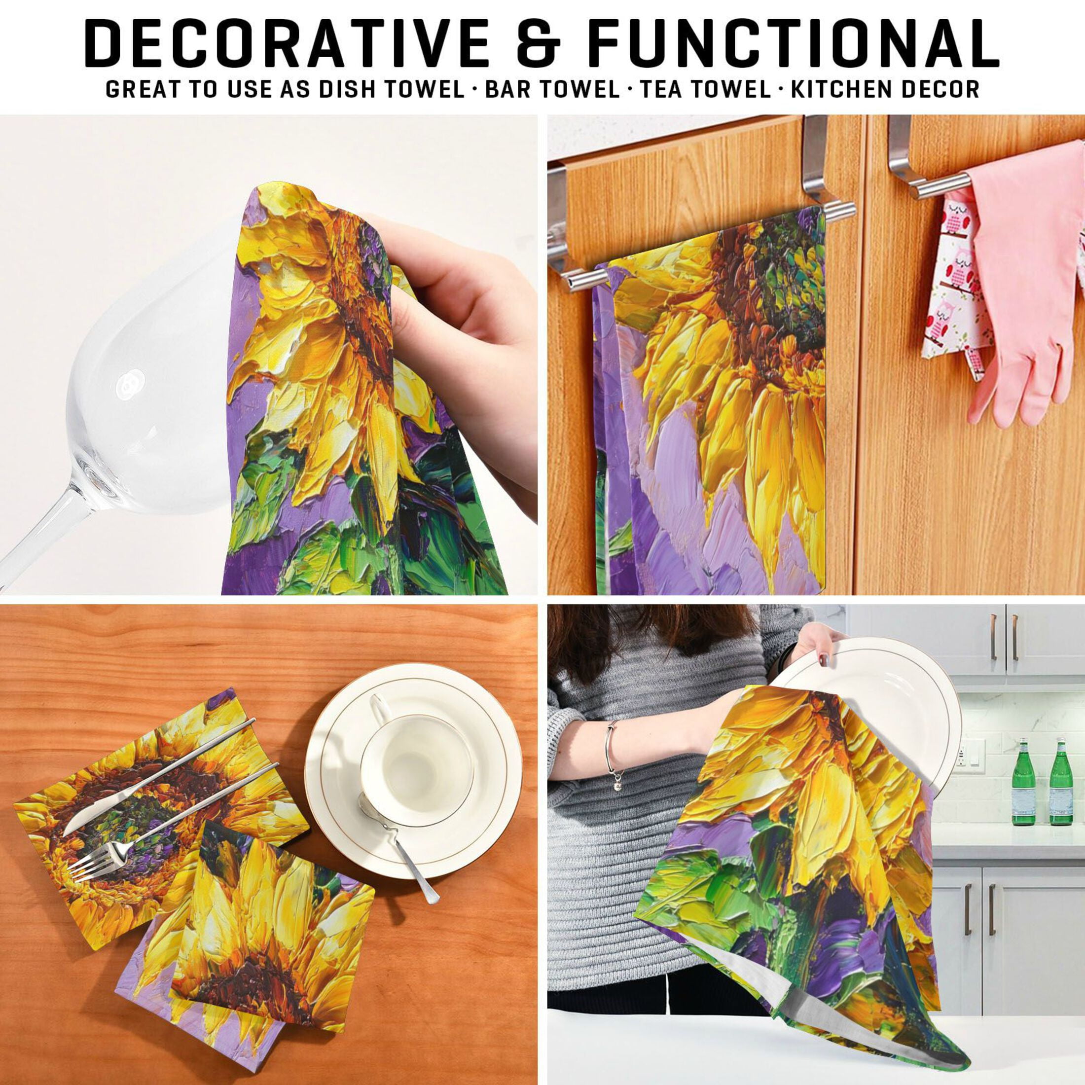 WOBOGO Bright Yellow Sunflower Kitchen Towel 6 Piece Large Cotton Dishcloth Premium Absorbency Set with Hanging Loop