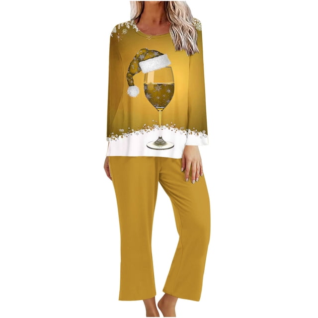 Pisexur Pyjamas de Noël pour Femmes Ensemble Deux Pièces Tendance Vacances Verres à Vin Rouge Imprimé Pjs Décontractés Manches Longues Col Rond Hauts Pantalons de Pyjama Vêtements de Nuit