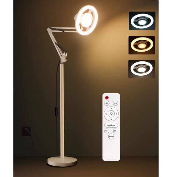 Arsoer Lampe sur Pied 36 W avec Bras Flexible, Luminaire Anneau 3 Couleurs avec Base Robuste et Télécommande, Lampe sur Pied pour Salon/espace de Travail