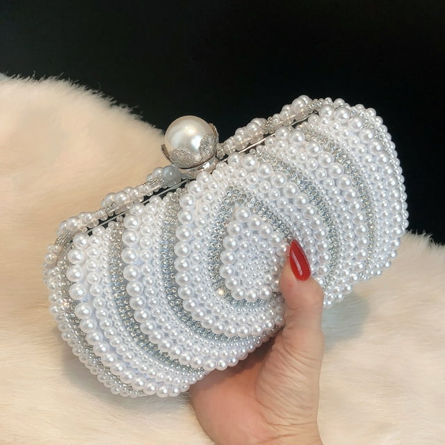 Toyella Fashion Retro Women's Rhinestone Pearl Handbag Water drop pure white