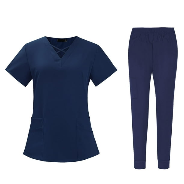 Conjunto de uniforme de trabajo para mujer, blusa y pantalones, ropa de trabajo cómoda, duradera y suave. Color Azul Marino M