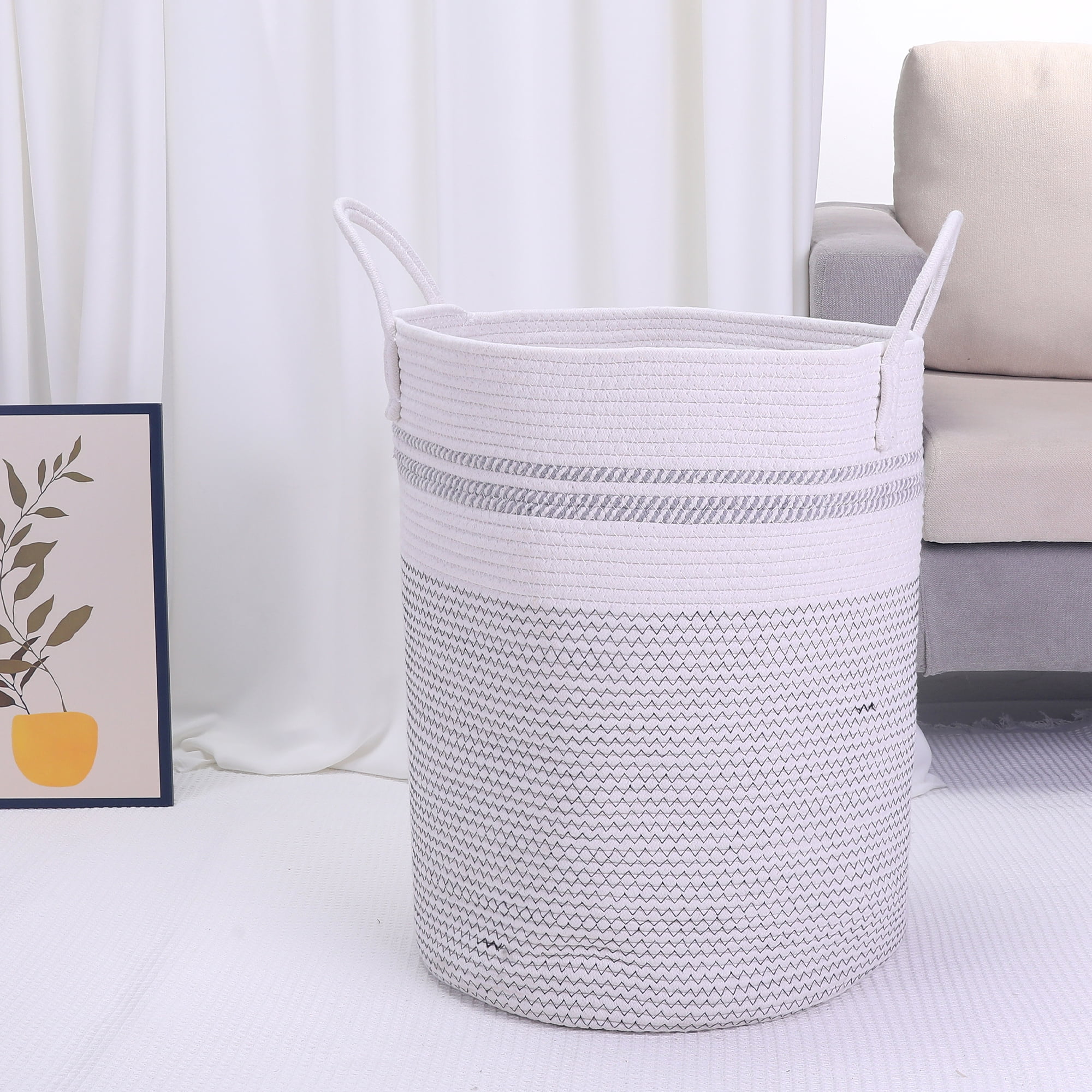 Unique Bargains Woven Storage Bin with Handles Shelf Storage Basket Organizer White Black