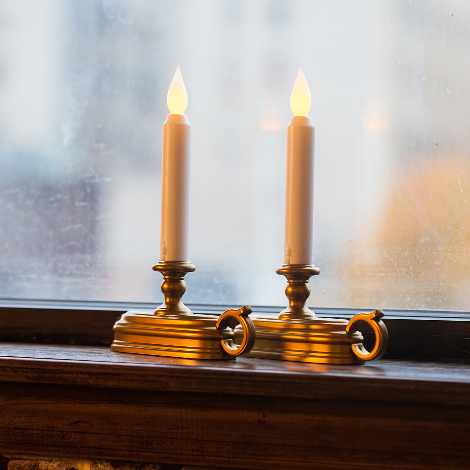 Battery Window Candles with Timer Set of 2, Brass Old Fashioned