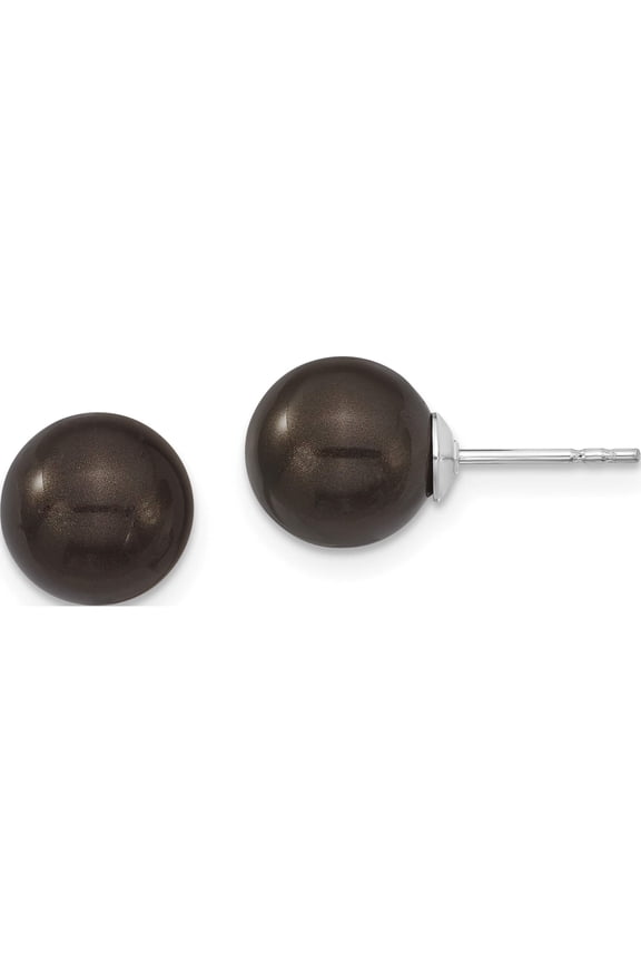 Sterling Silver Majestik Rh-Pl 8-9mm Blk Imitat Shell Pearl Stud Earrings Made In Canada qmje8b