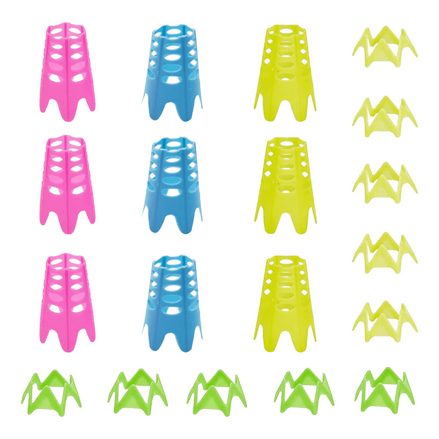 Golf Simulator Tees, 19Pcs Practice for Turf and Driving Range Indoor Tee Golf Training Tees. The image displays 19 colorful plastic golf tees in yellow, pink, blue, and green. These tees are designed for consistent height and stability, ideal for practicing golf indoors or outdoors. Lightweight and beginner-friendly, they are suitable for children and novice golfers.