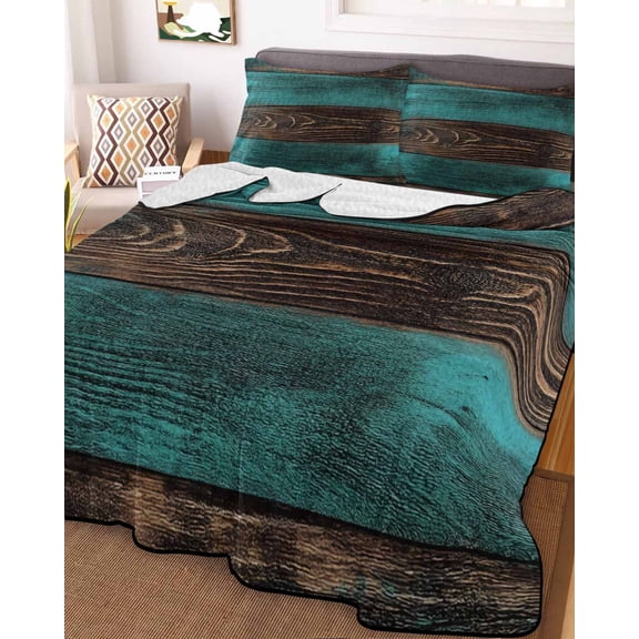 Teal Brown Wood Queen Size Down Alternative Comforter, Lightweight Comforter Quilt Bedding Set with Pillow Shams Vintage Simple Chic Board All Seasons Bed Comforter Duvet Insert 90"x96"