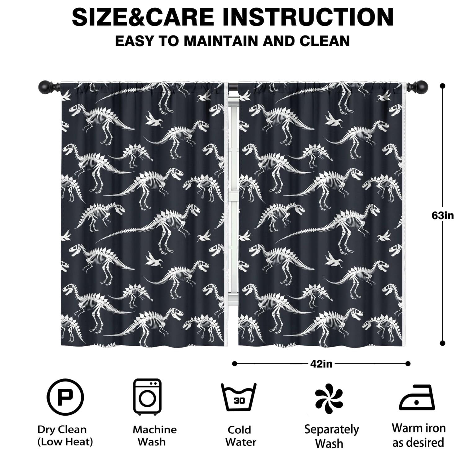 Blackout Kids Curtains,Black Cartoon Dinosaurs Skeletons Pattern Childrens Insulated Curtains Set Of 2,Bedroom Essentials,Toddler Room Decor 42"x63"