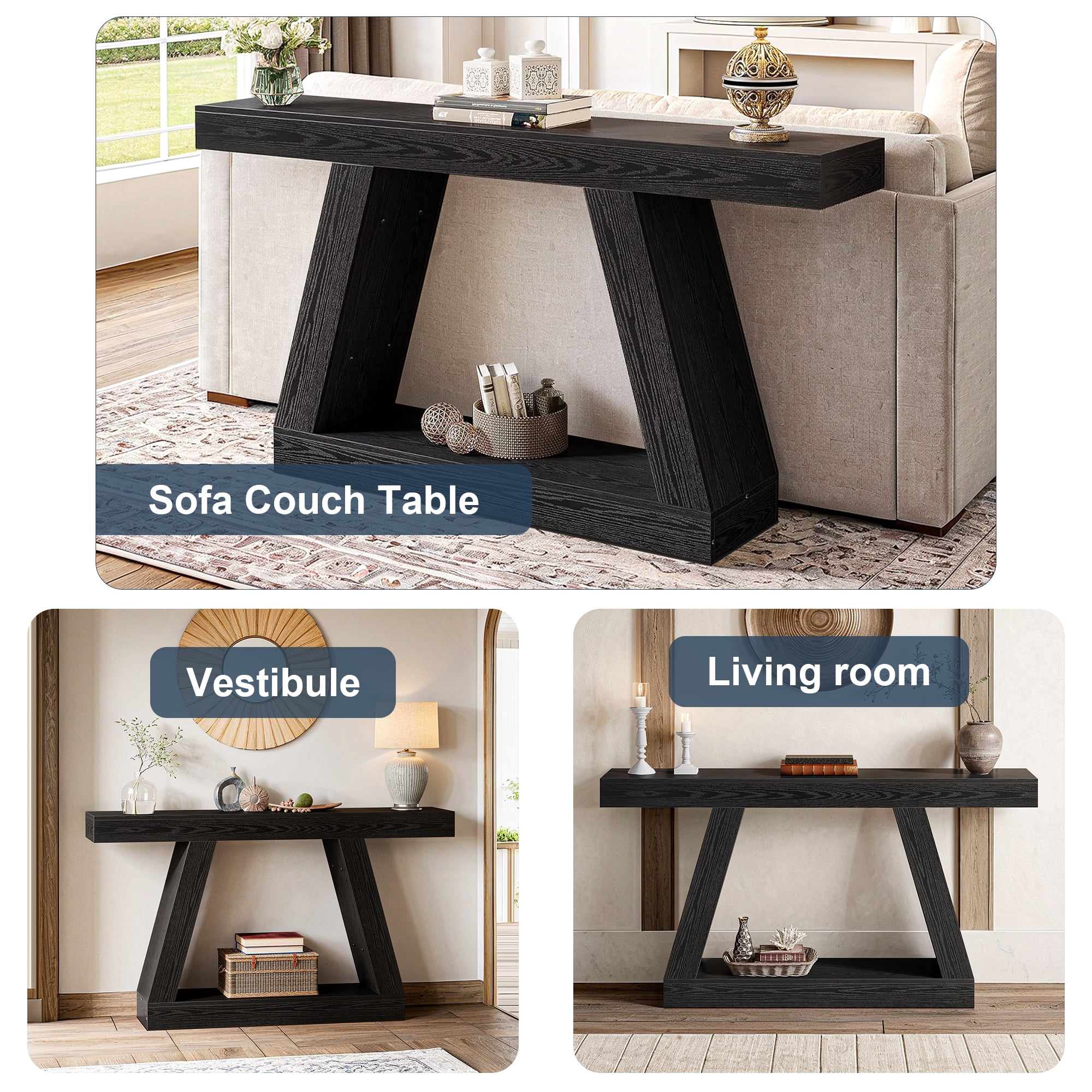 Demi Bonn Farmhouse Console Table, 55" Sofa Table with Storage for Hallway, Bedroom, Living Room, Black