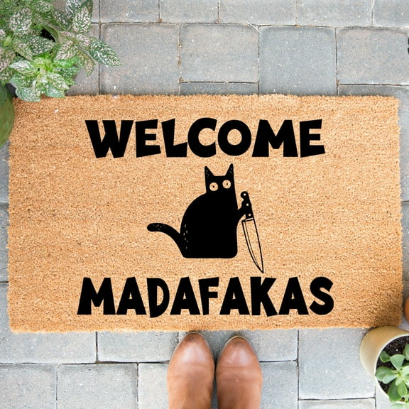 Doormat Welcome Madafakas Mufka Black Cat Knife Cats Welcome Mat Funny (18" x 30") #4092
