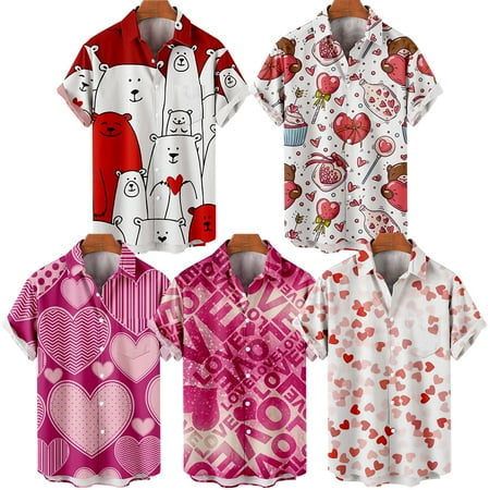 

MLFU Adult Valentine s Day Casual Shirts Front-Pocket Retro Bowling Shirts for Men Women