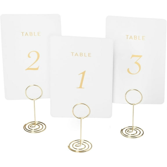 Gold Table Number Holders 1-30 Wedding Set | Elegant Double Sided Gold Foiled Table Number Seating Cards with Golden Metal Place Card Stands