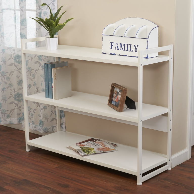 Household Essentials 3 Tier Low Profile Wide Bookshelf, White Wood