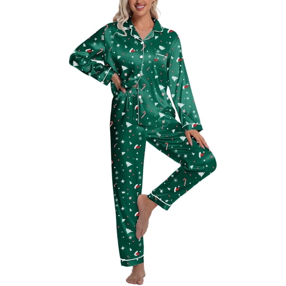 DAKIMOE Silk Satin Pajamas Set Womens Christmas Pajamas Long Sleepwear Button Down 2 Piece Classic Soft Loungewear Pjs Set