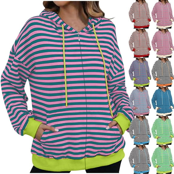 UVEASISHA Womens Zip Up Hoodie Striped Oversized Long Sleeve Sweatshirts Casual Loose Fit Drawstring Hooded Outwear with Pockets Fall Outfits 2024 Clothes Prime Big Deal Days,Black,2XL
