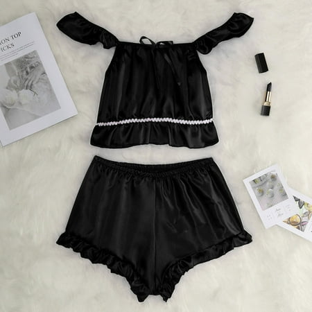 

Medcursor Women Solid Ruffle Passion Lingerie Sleepwear Plus Size Nightwear 2PC Set
