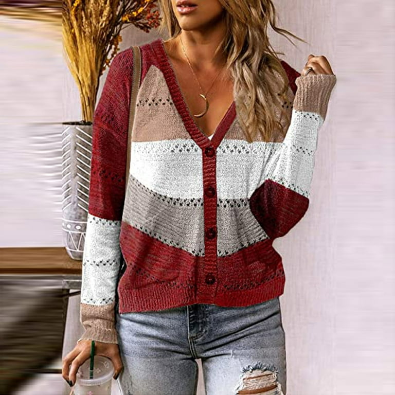 ZZWXWB Cardigan For Women Plus Size Stylish Women Casual V-Neck Patchwork  Long Sleeves Buttons Cardigan Sweater Coat Red Xxxl