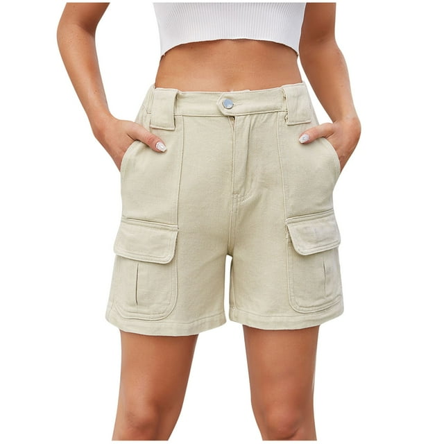 Qtocio Long Shorts for Women,Solid Color Button Zipper Pockets Washed Denim Cargo 5 Length Shorts Summer Casual Wear