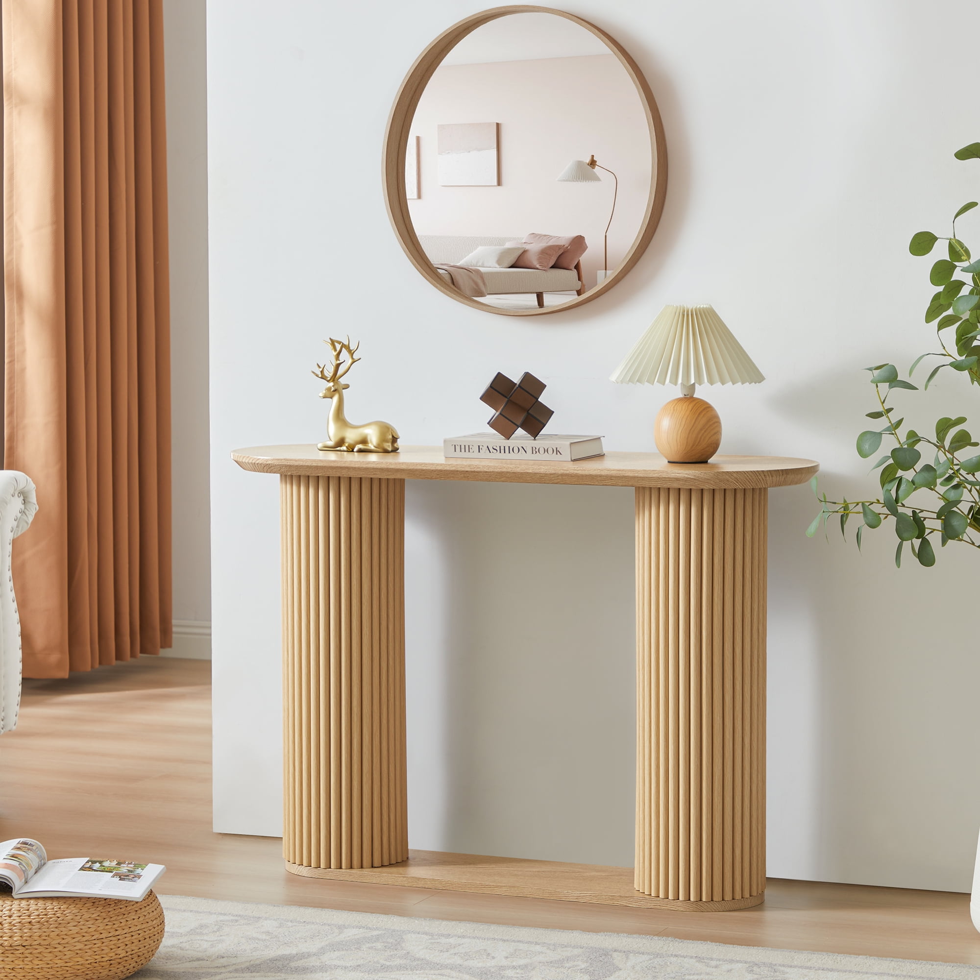 PHOYAL 42.51" Long Natural Console Table with Vertical Stripe, Oval Fluted Sofa Table with Curved Edge Design for Entryway Hallway Living Room