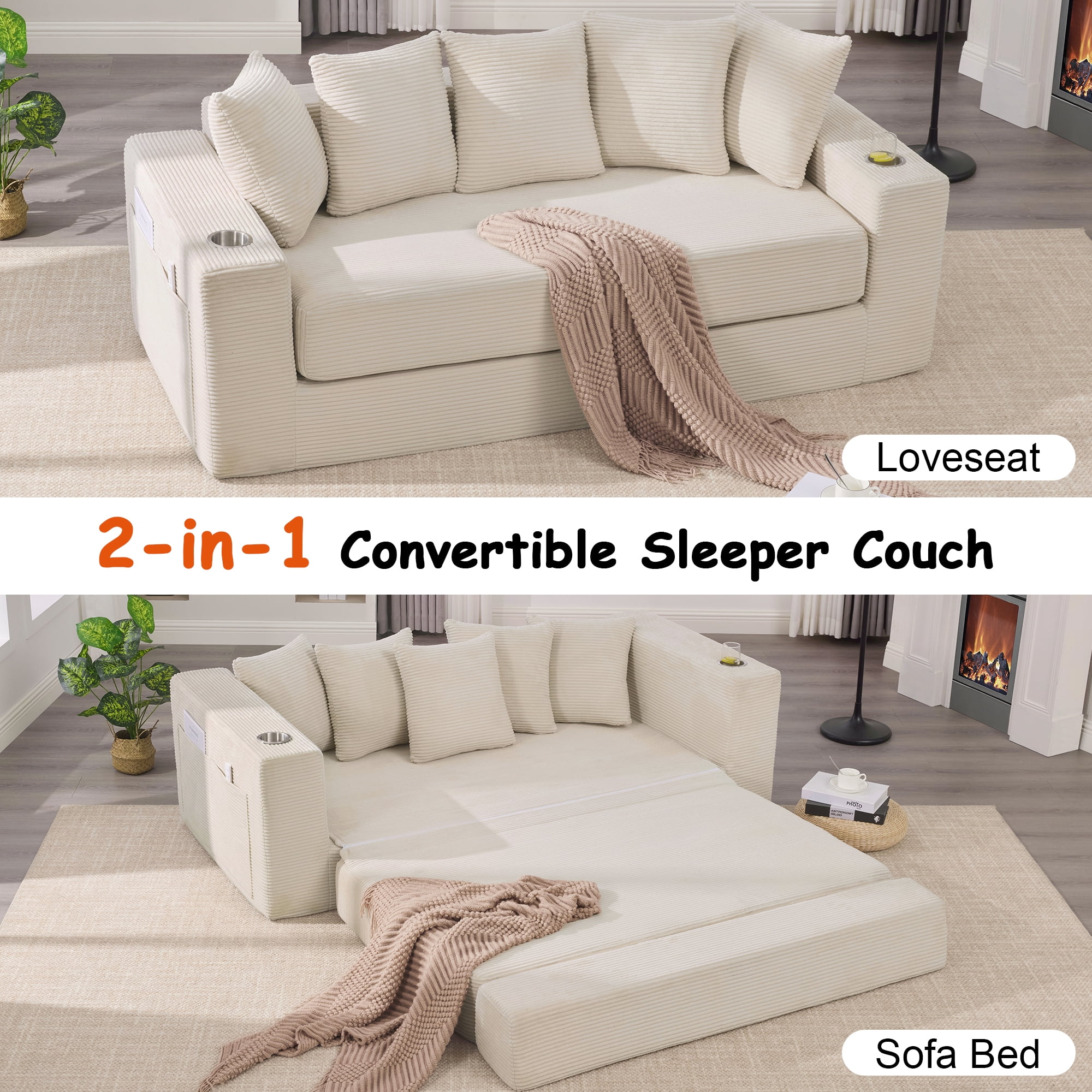 Miniyam 76" x 36" Sofa Bed, Folding Convertible Sleeper Sofa with Cup Holders, No Assembly Required Space Saving Fabric Sofa with Storage, Modern Corduroy Couch (Beige)
