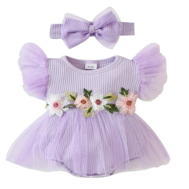 PENGXIANG Bébé Robe Romper Fleurs Feuilles Combinaisons de Broderie avec Bandeau