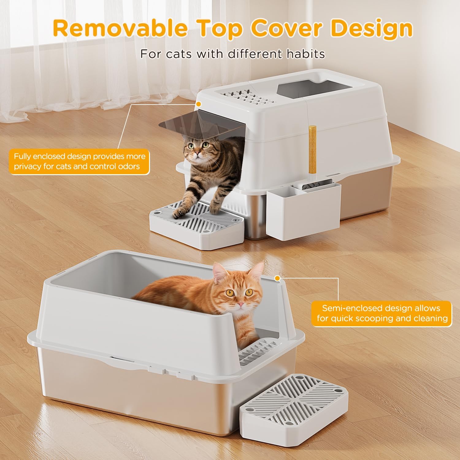 Stainless Steel Litter Box with Lid, XL Closed Metal Litter Box Modular Design with Flip Lid Fits All Cats, Extra Large Covered High Sided Cat Box, Scoop, Non-Sticky, Easy Cleaning (White)
