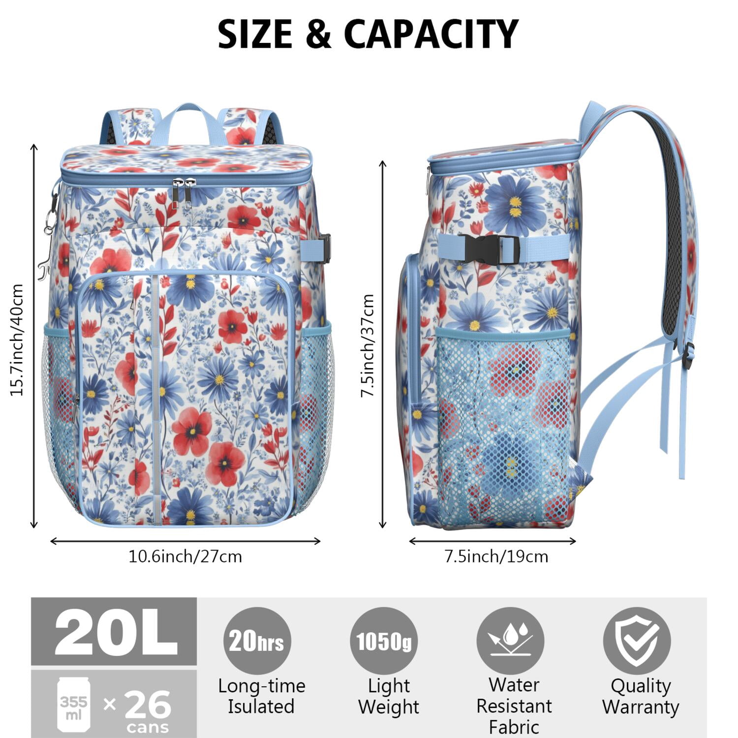 Travel Cooler Bag - Pioneer Flower Camping Beer Cooler Backpack with Bottle Opener- Waterproof Insulated Picnic Backpacks - Cooler Bag for Beach