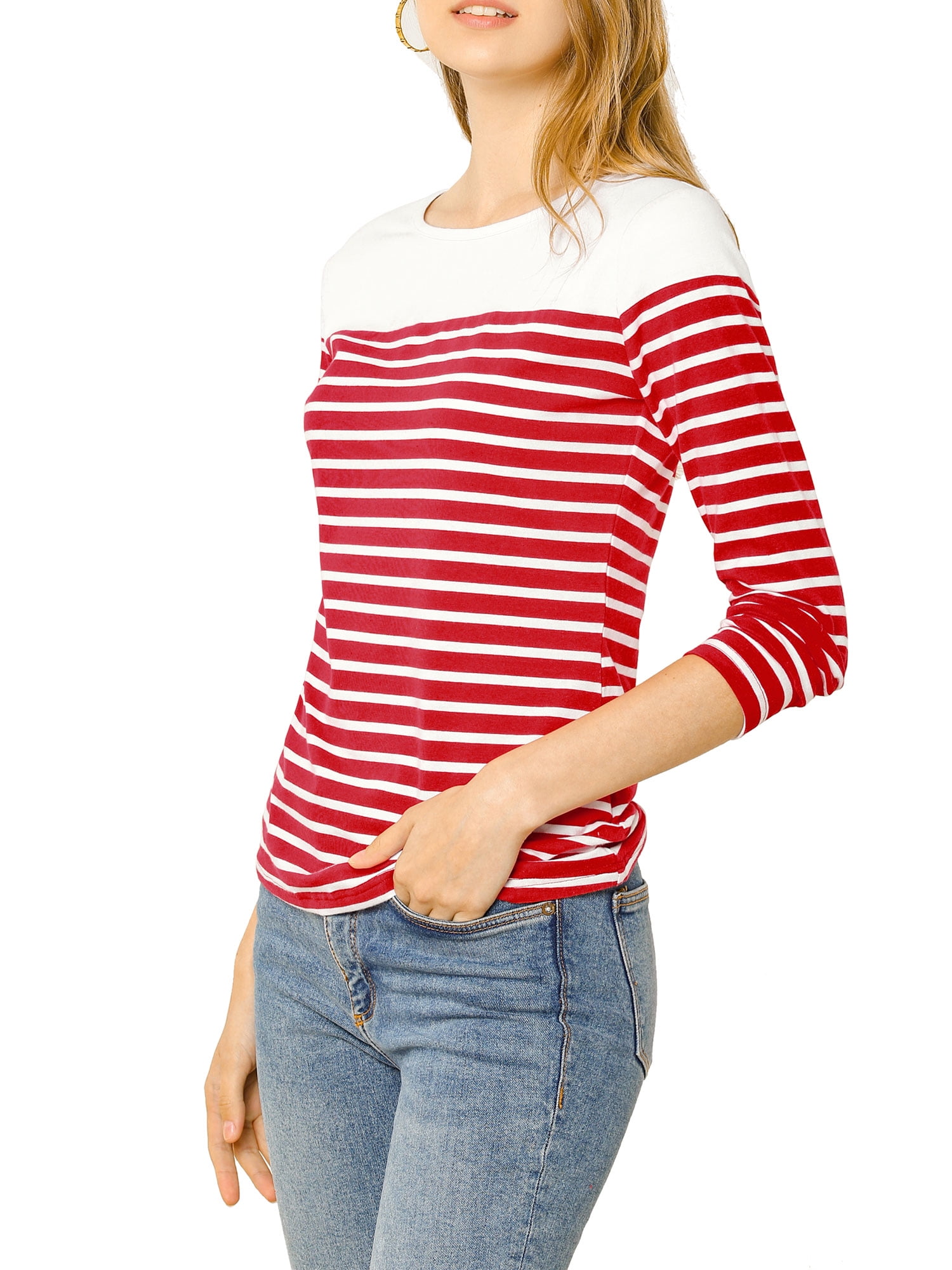 DARING DIVA Women's Color Block Striped Knit Top Long Sleeves T-Shirt S Red-White