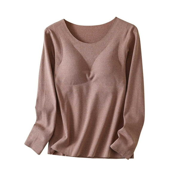 Akafmk Women's Long Sleeves Pajama Tops,Women's Cotton Sleepwear T-Shirt,Thick Clothes Detachable Chest Pad Round Neck Shirt Home Clothes