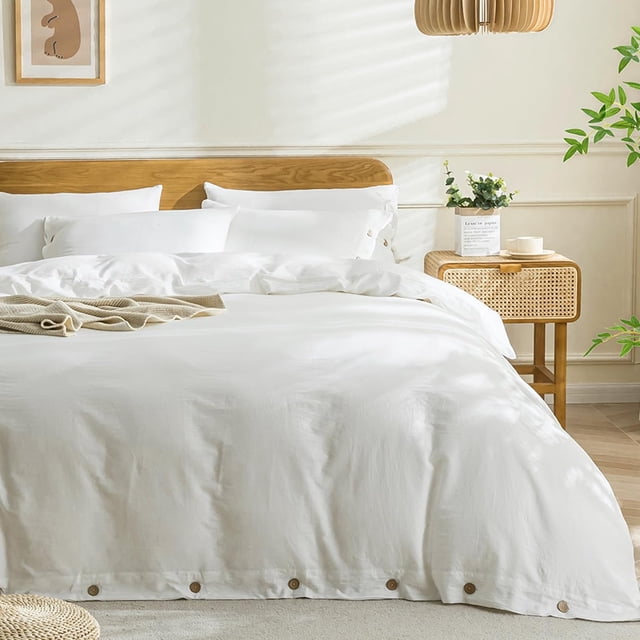 Cotton Duvet Cover Queen Size Pinstriped Comforter Cover with Button Washed Cotton Breathable Soft Solid Bedding Set Duvet Cover ×in & Pillowcases (NO Comforter)