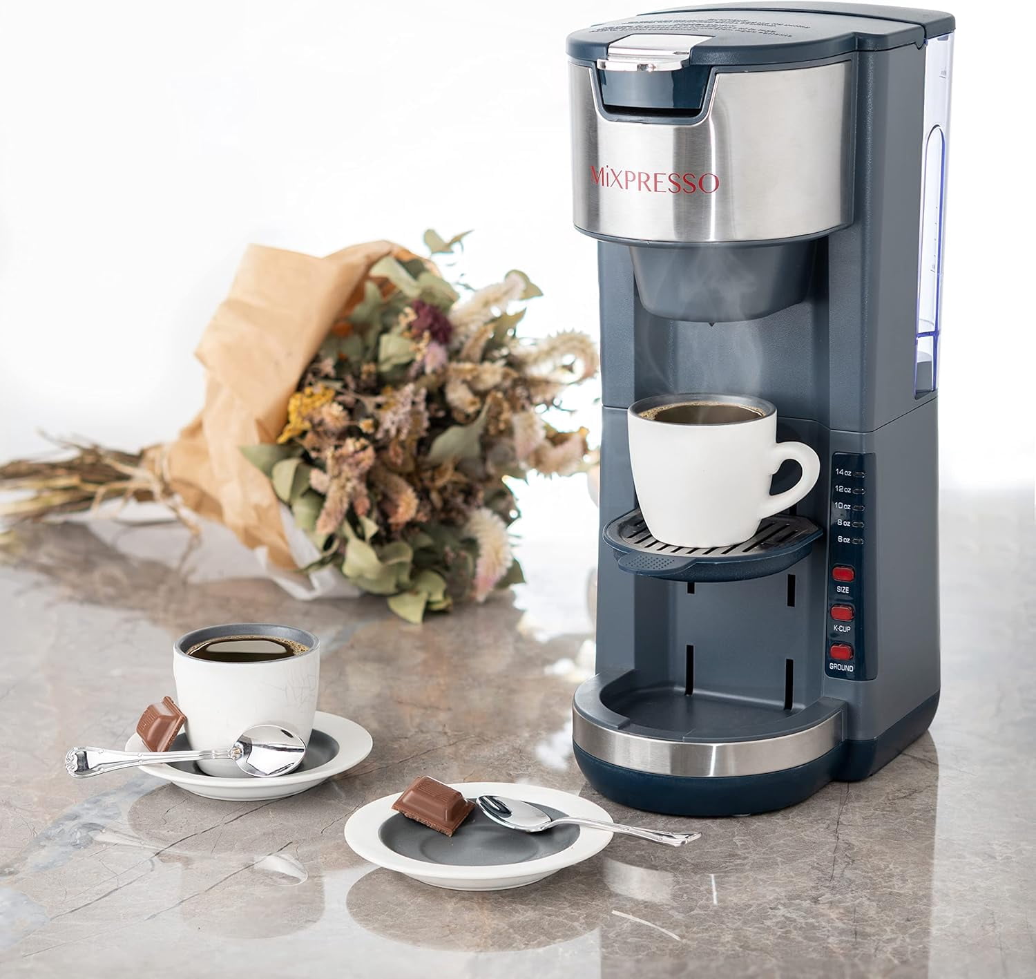 Mixpresso Single Serve Coffee Brewer K-Cup Pods Compatible & Ground Coffee, 30oz Coffee Maker Single Serve 5 Brew Sizes Fits Up To 14Oz Travel Mug, Grey Coffee Maker Adjustable Drip Tray