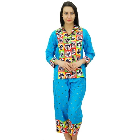 

Bimba Cotton Button-Down Shirt With Pajama Capri Pants Set Lounge Wear Night Suit