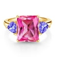 thumbnail image 2 of Gem Stone King 18K Yellow Gold Plated Silver Pink Created Sapphire and Blue Tanzanite 3-Stone Ring for Women | Gemstone Birthstone | 7.40 Cttw | Emerald Cut 12X10MM | Trillion 5X5MM| Size 6, 2 of 3