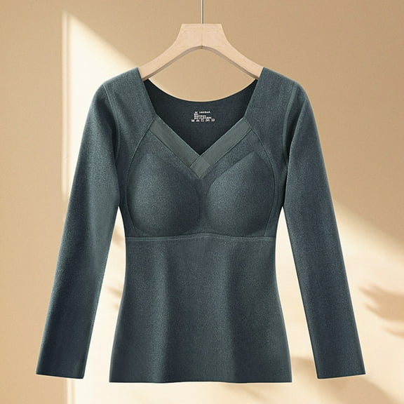 Antqov Thermal Shirts for Women, Solid Color V Neck Long Sleeve High Stretchy Fleece Pullover Underwear Top with Built in Pads, Fall Winter Warm Soft Comfortable Base Layer Tops