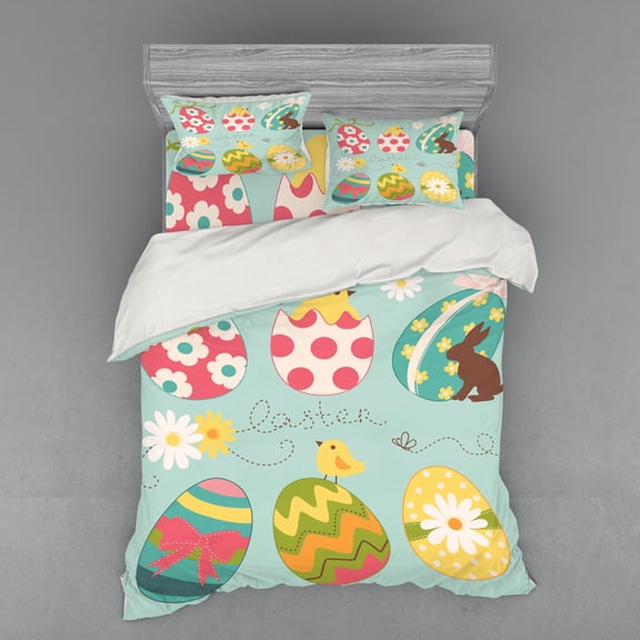 Ambesonne Easter Bedding Set 4 Pcs, Flowers Zigzags Lines, Queen, Multicolor