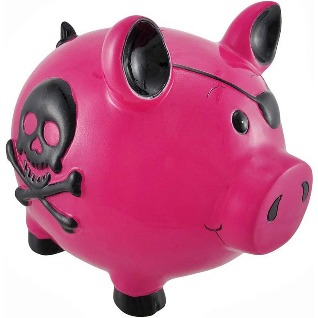 Pink and Black Pirate Pig Bank with Skull and Crossbones