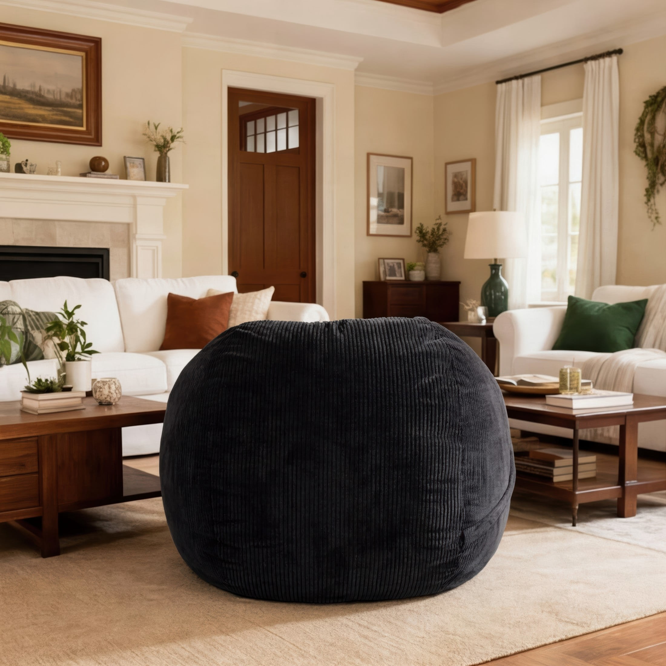 Luna 5 Foot X-Large Bean Bag Chair – Oversized Foam Lounger for Adults & Kids, Plush Corded Faux Fur, Black