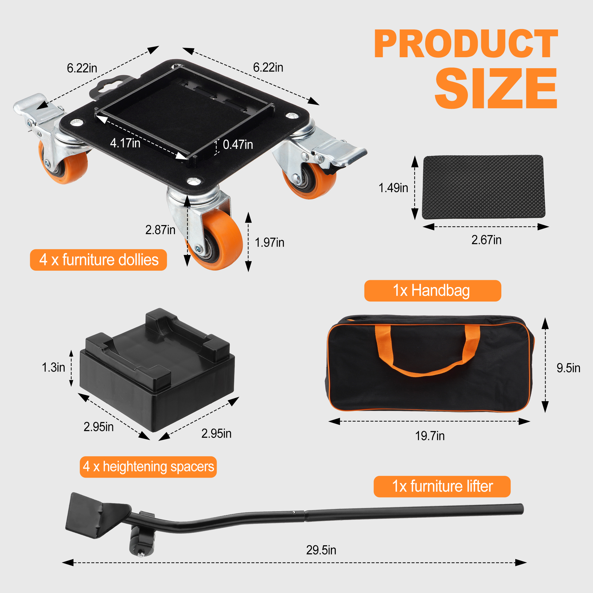 Furniture Movers with 4 Wheels, Carbon Steel Panel Heavy Duty Furniture Lift Mover Tool Set with 360°Rotatable Removable Side Guards Brake for Moving Sofa, Bed, Appliance (Load Capacity 2500LB